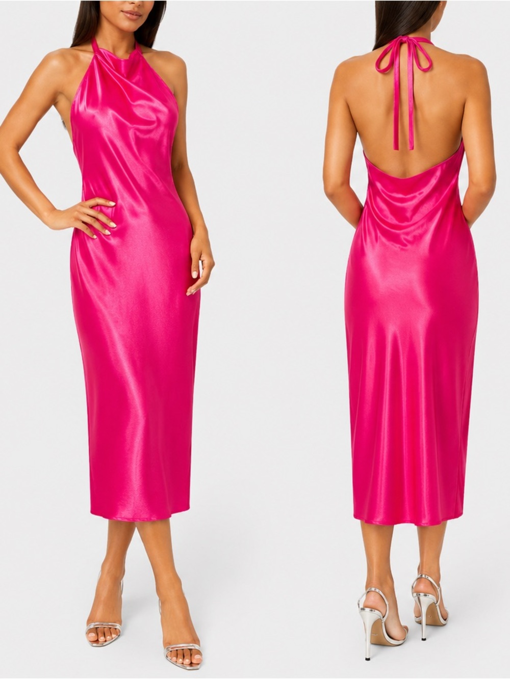 Fuchsia Pink Satin Halter Midi Slip Dress by BEBE